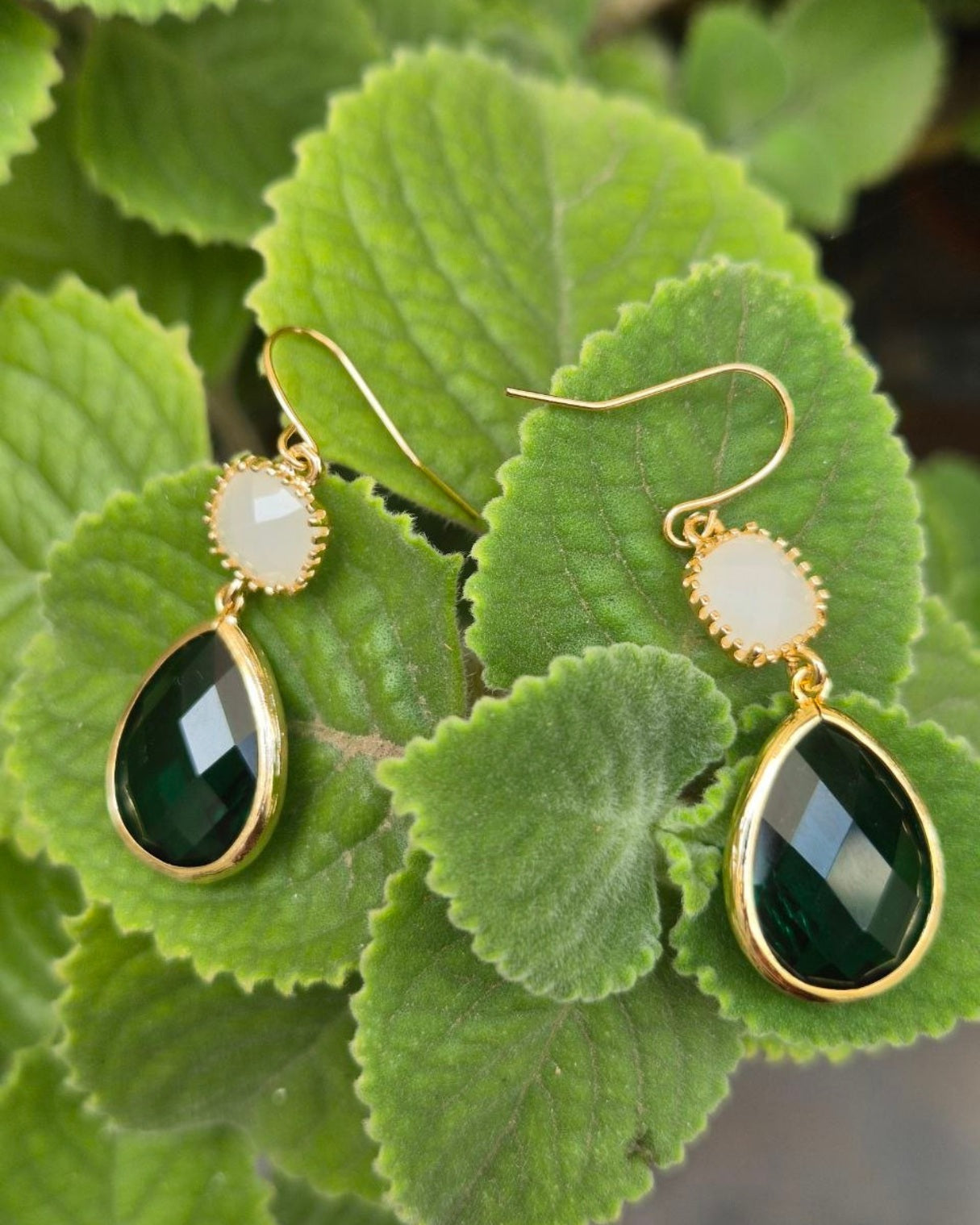 White stone with Green Teardrop Earrings