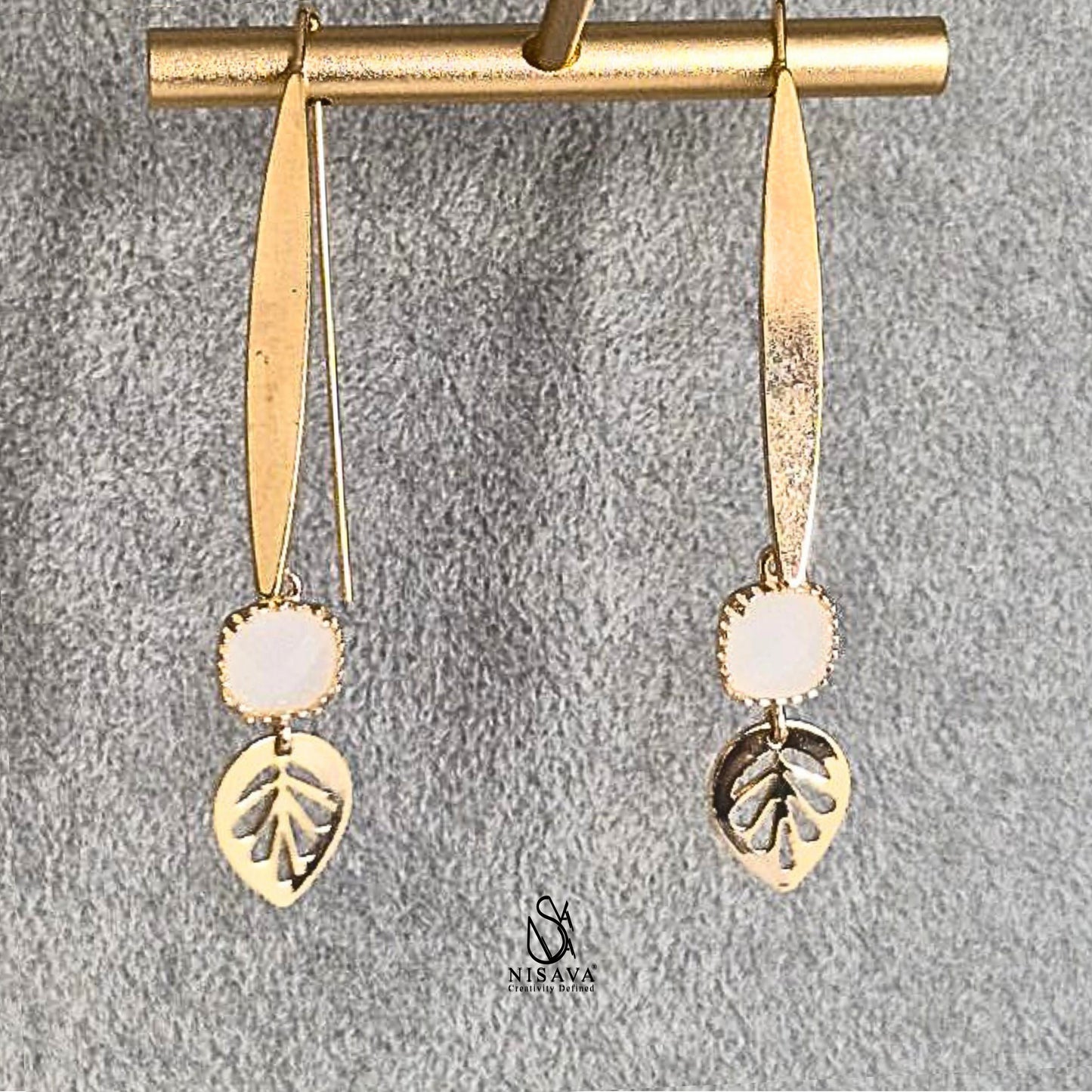 White Stone Leaf Charm Gold Plated Brass Earrings