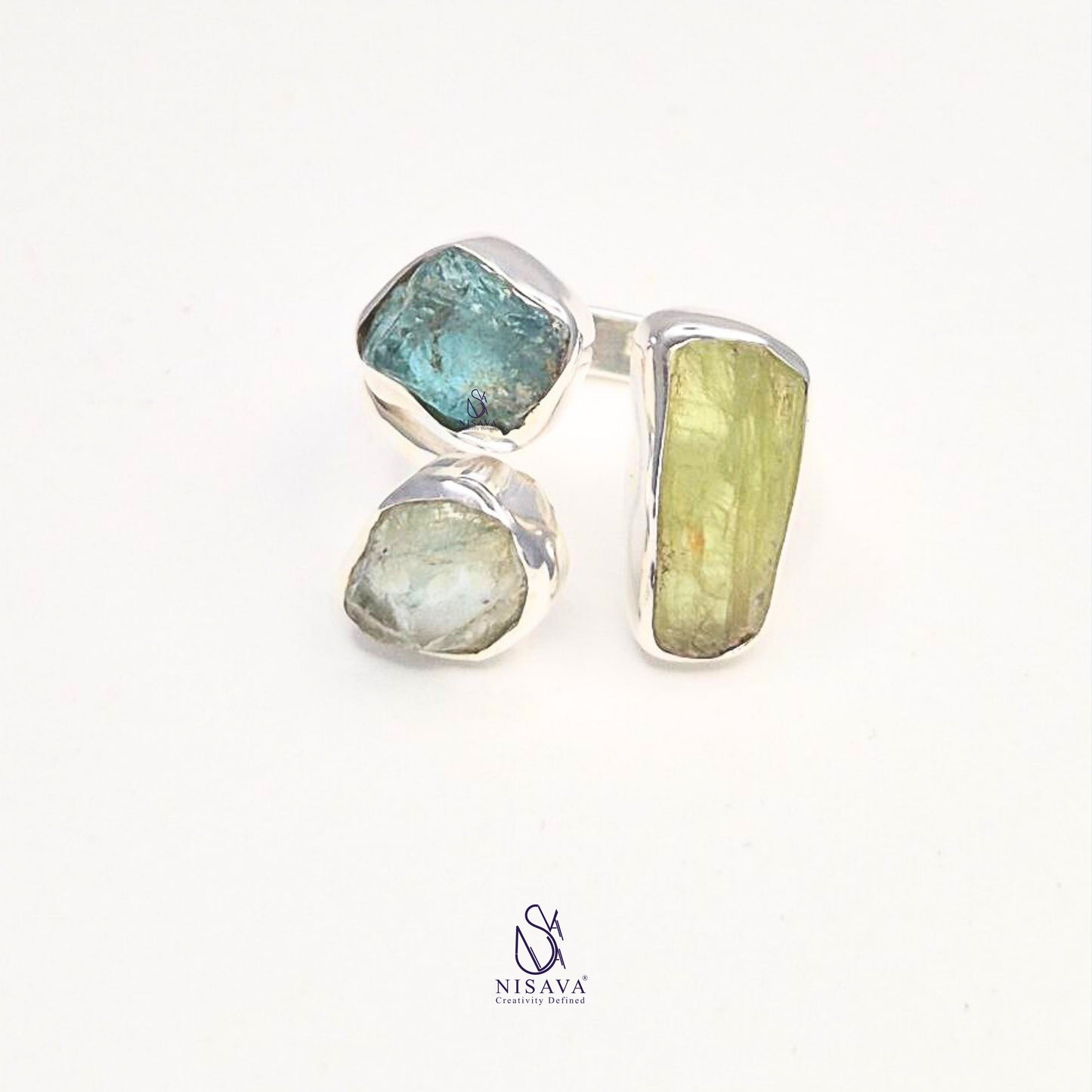 Green Kyanite Sky Apatite Aquamarine Raw Gemstone 925 Silver Adjustable Ring
