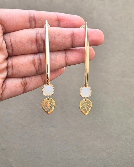 Leaf Long Studs with White Stone