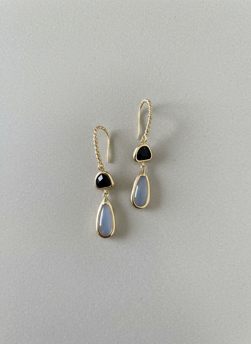 Grey Agate Jet Black Stone Earrings