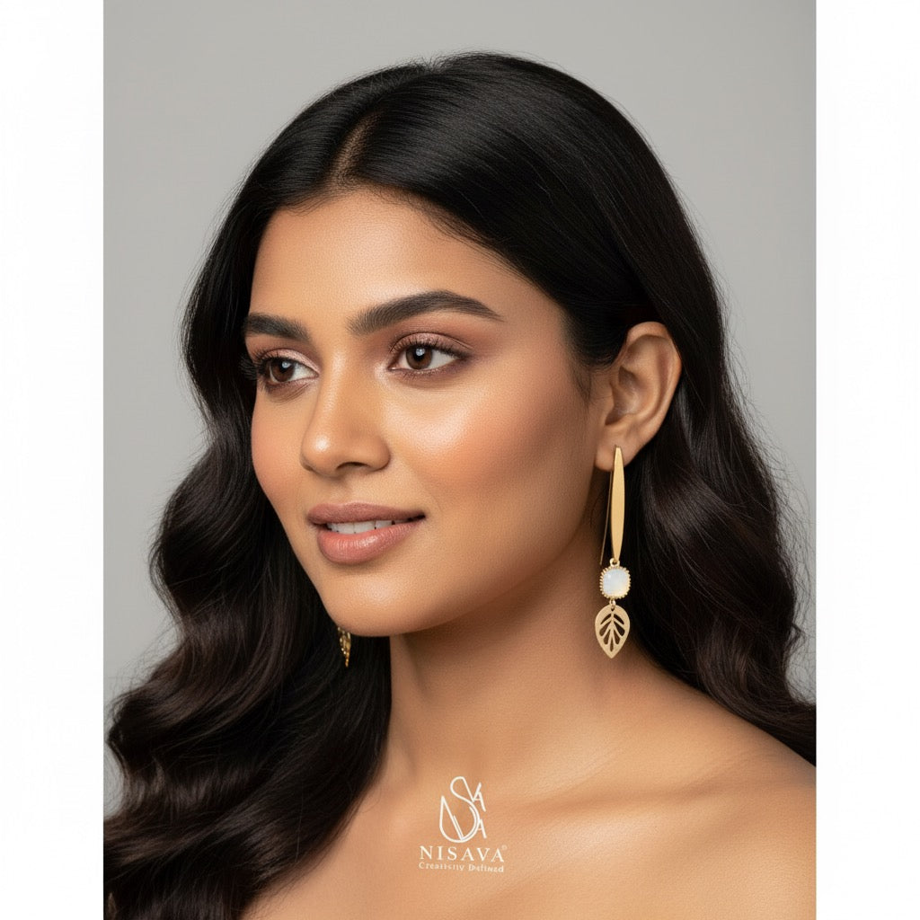 White Stone Leaf Charm Gold Plated Brass Earrings